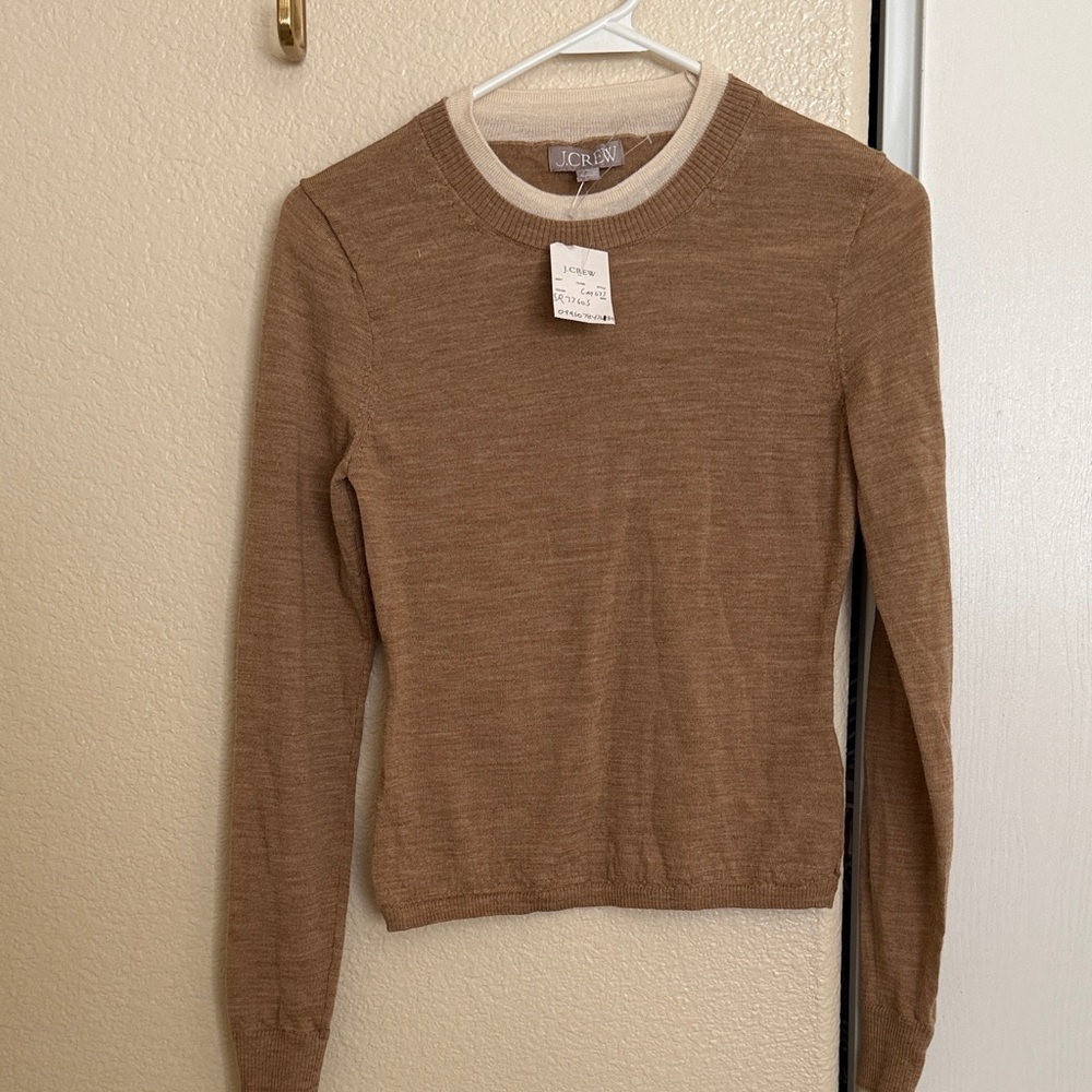 J. Crew Camel Crewneck Sweater with Cream Trim